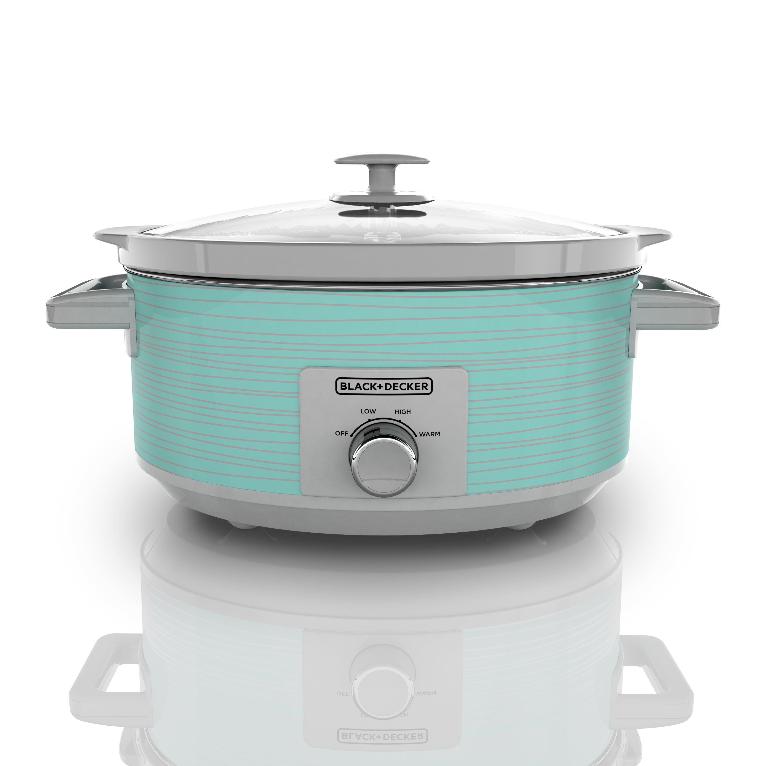 Turquoise slow cooker with silver lid and control panel on a white background