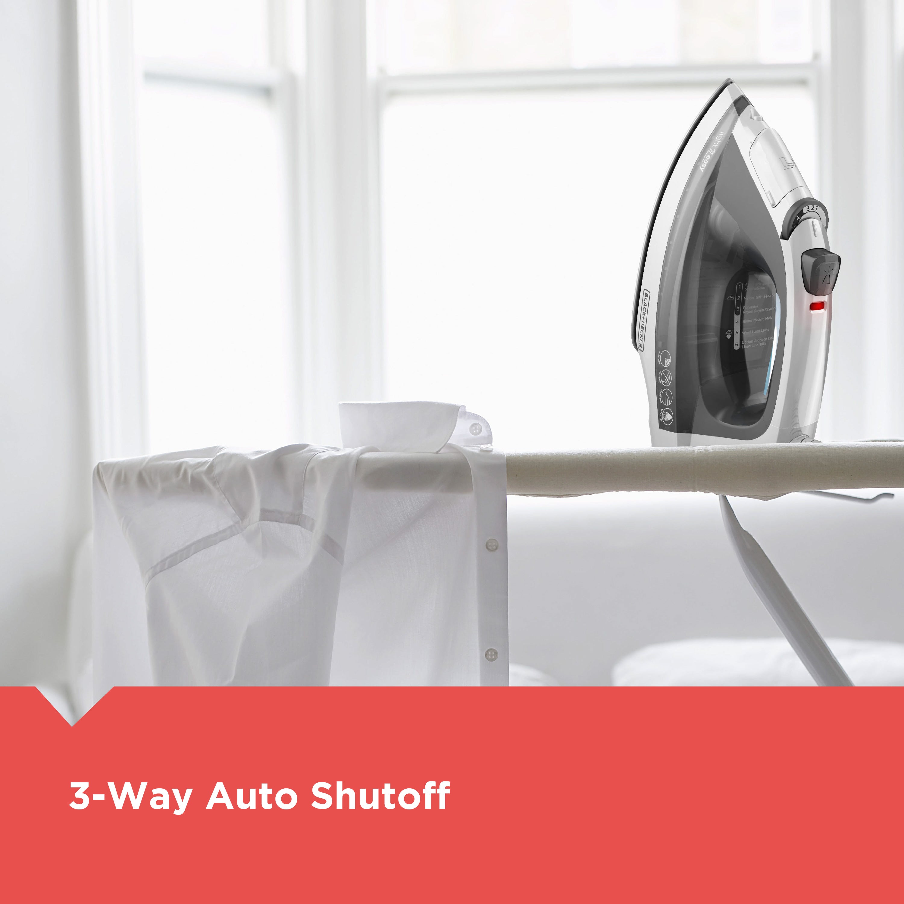 Iron on a table with a red banner highlighting '3-Way Auto Shutoff' in a bright room.