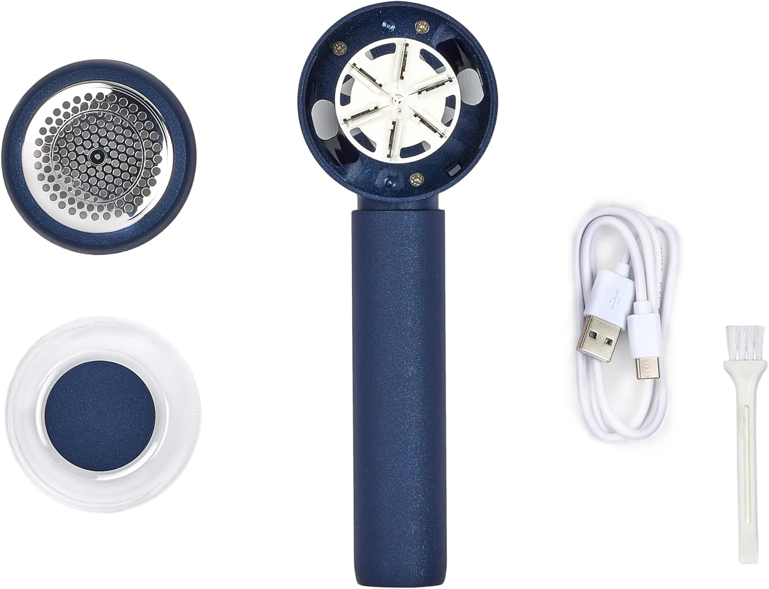 Blue handheld device with attachments and USB cable on a white background