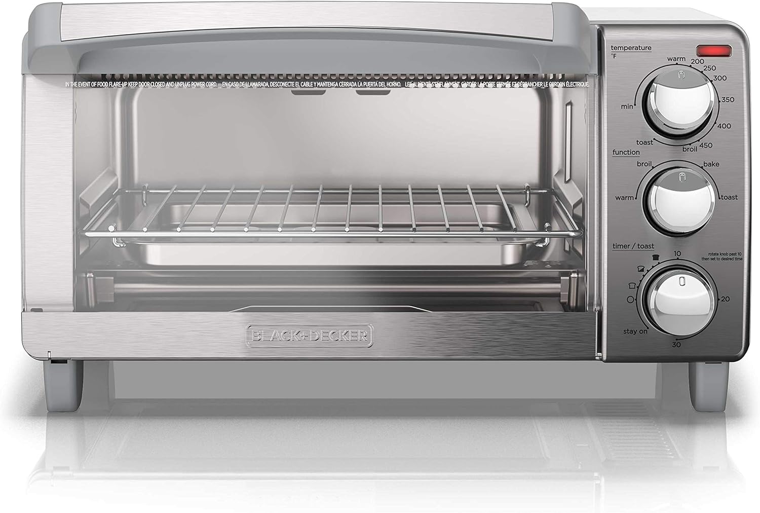 Silver toaster oven with control knobs on a white background