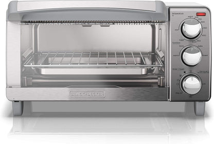 Silver toaster oven with control knobs on a white background