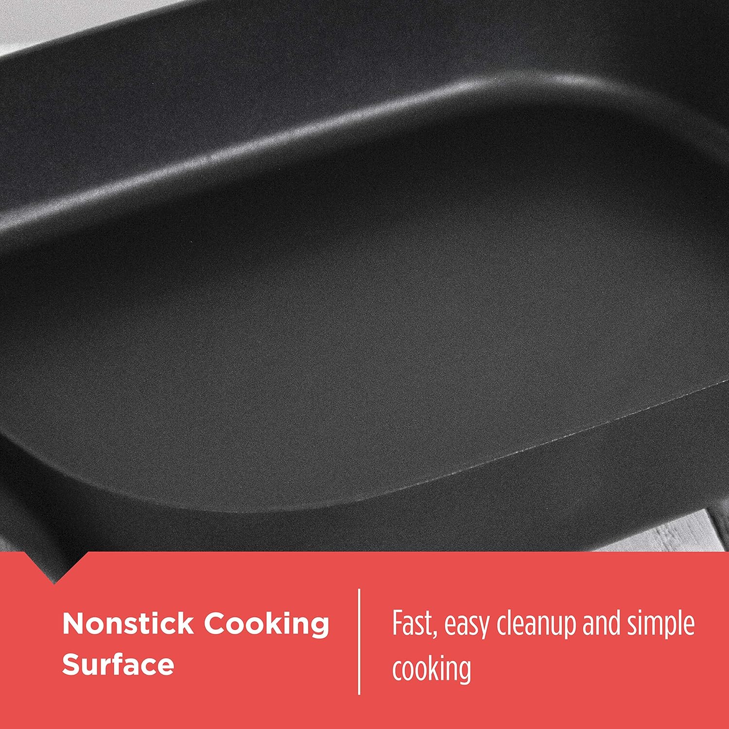 Black frying pan with text about nonstick cooking surface on a red background
