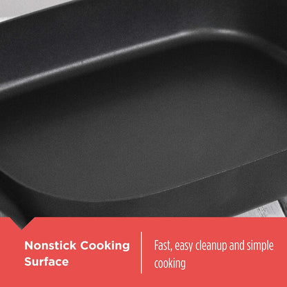 Black frying pan with text about nonstick cooking surface on a red background