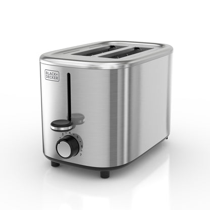 Stainless steel toaster with Black+Decker logo on a white background