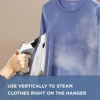 Person using a steam iron on a blue shirt with text 'Use vertically to steam clothes right on the hanger'.