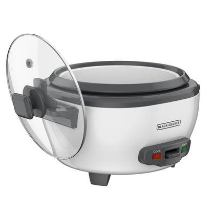 White rice cooker with clear lid on a white background, featuring the Black+Decker brand.
