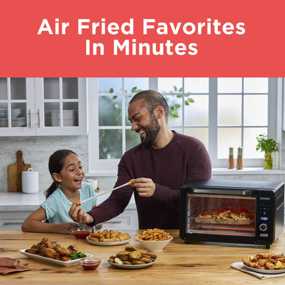 Man and child in a kitchen with an air fryer, food, and 'Air Fried Favorites In Minutes' text.