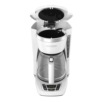 White coffee maker with clear glass carafe on a white background
