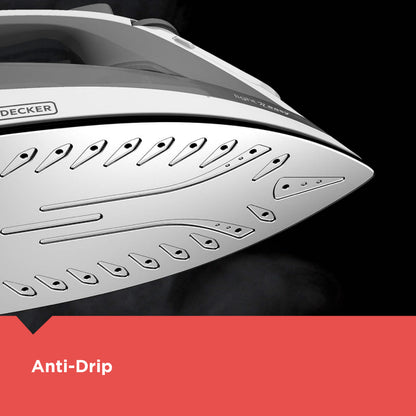 Close-up of a Decker iron with 'Anti-Drip' feature on a black background