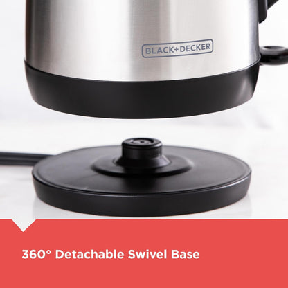 Black+Decker electric kettle with a 360-degree swivel base on a white background