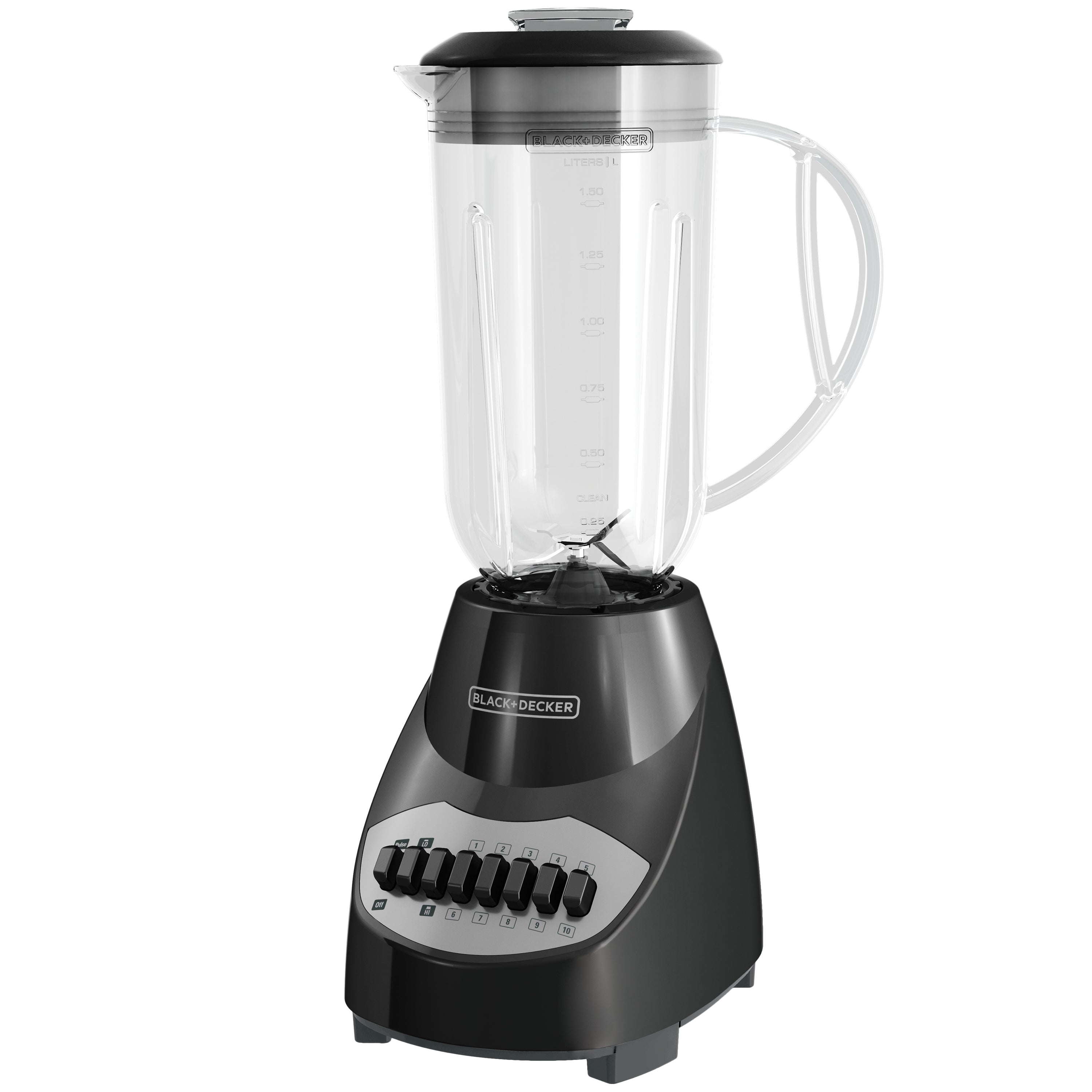 Black and silver blender with clear container on a white background