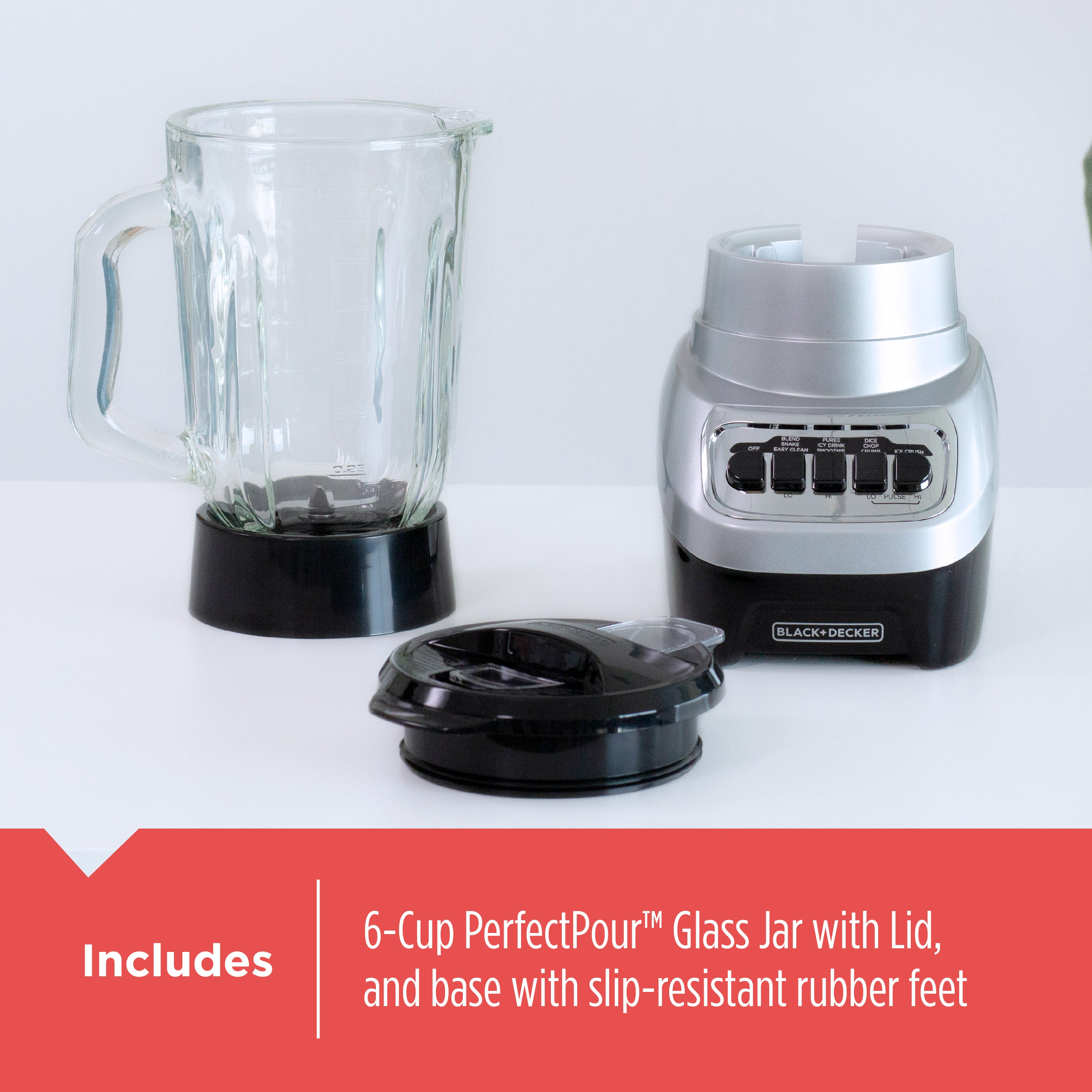 Black and Decker blender with 6-Cup PerfectPour Glass Jar on a white background