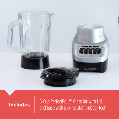 Black and Decker blender with 6-Cup PerfectPour Glass Jar on a white background