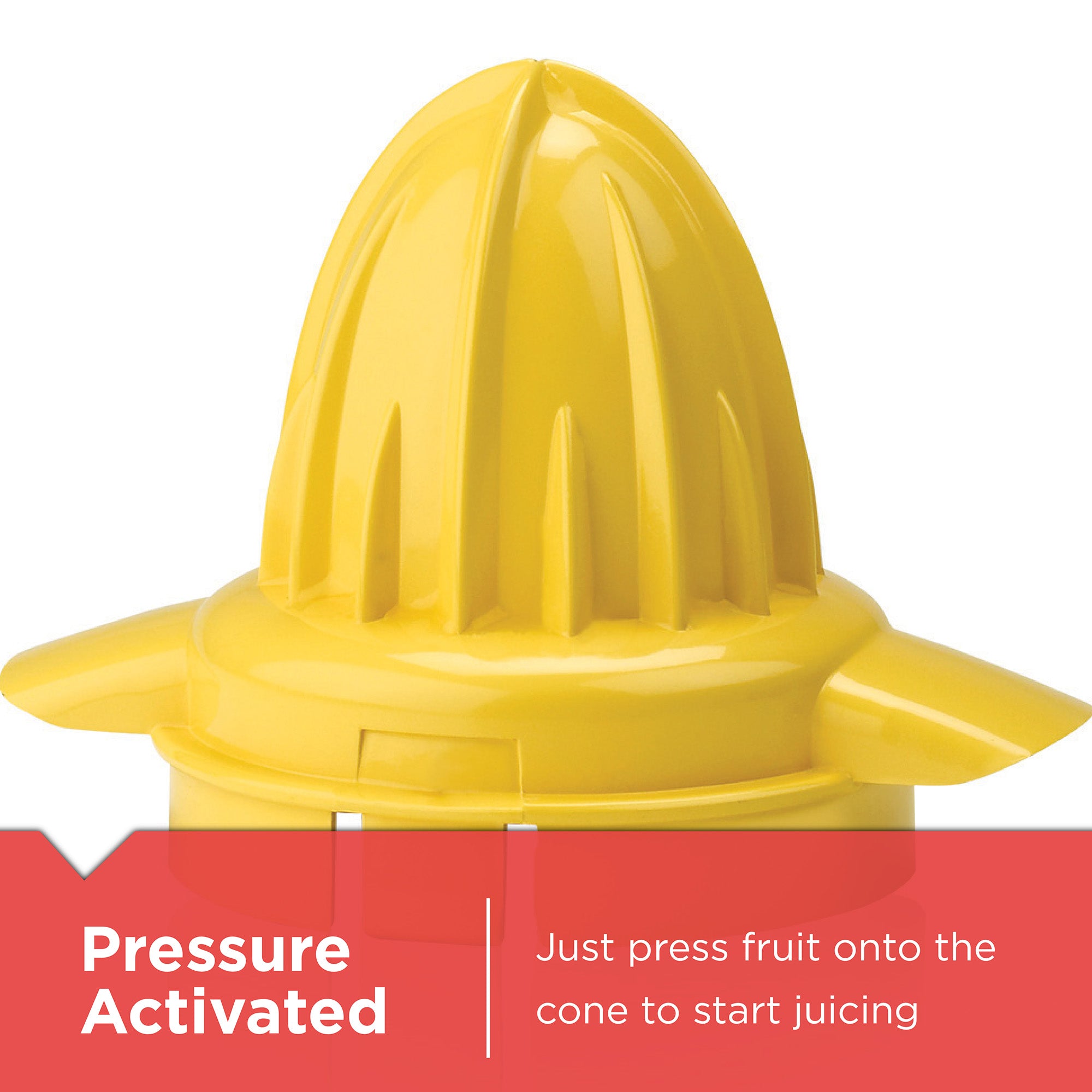 Yellow juicer part with text indicating pressure activation on a white background