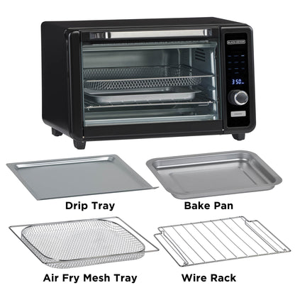 Black toaster oven with included accessories on a white background