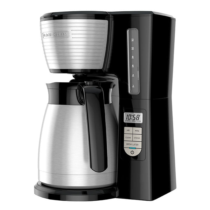 Black and Decker coffee maker with digital display on a white background