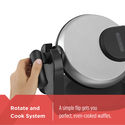 Hand using a waffle maker with text about a simple flip for even-cooked waffles.
