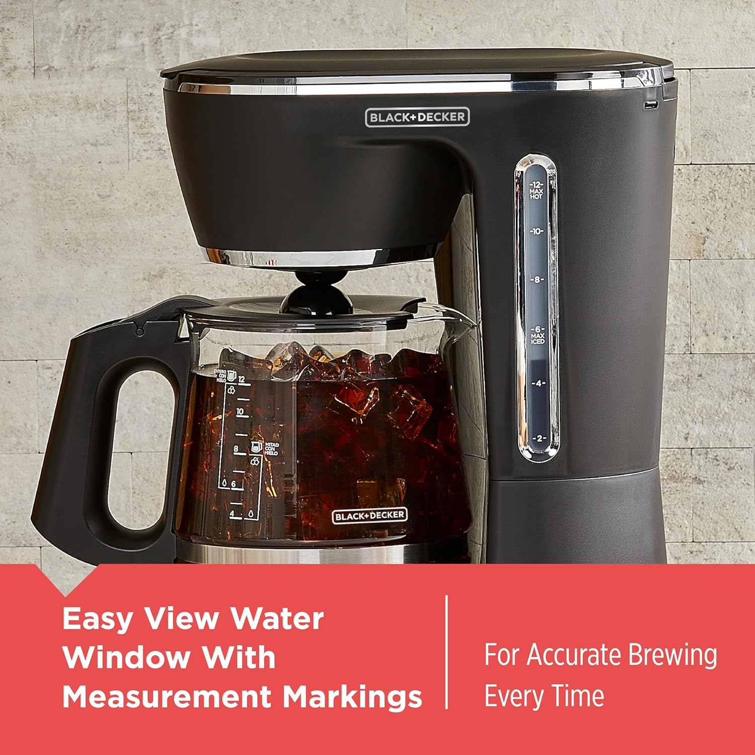 Black and Decker coffee maker with water view window on a textured wall background