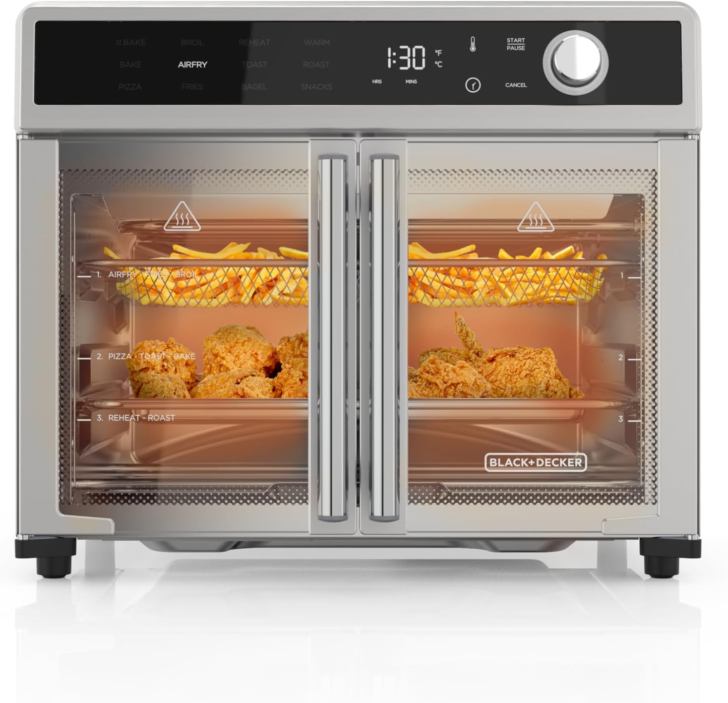Black+Decker oven with food items inside on a white background