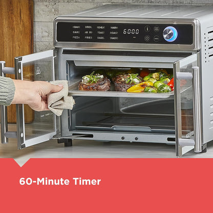 Toaster oven with food inside, open door, and '60-Minute Timer' text at the bottom.