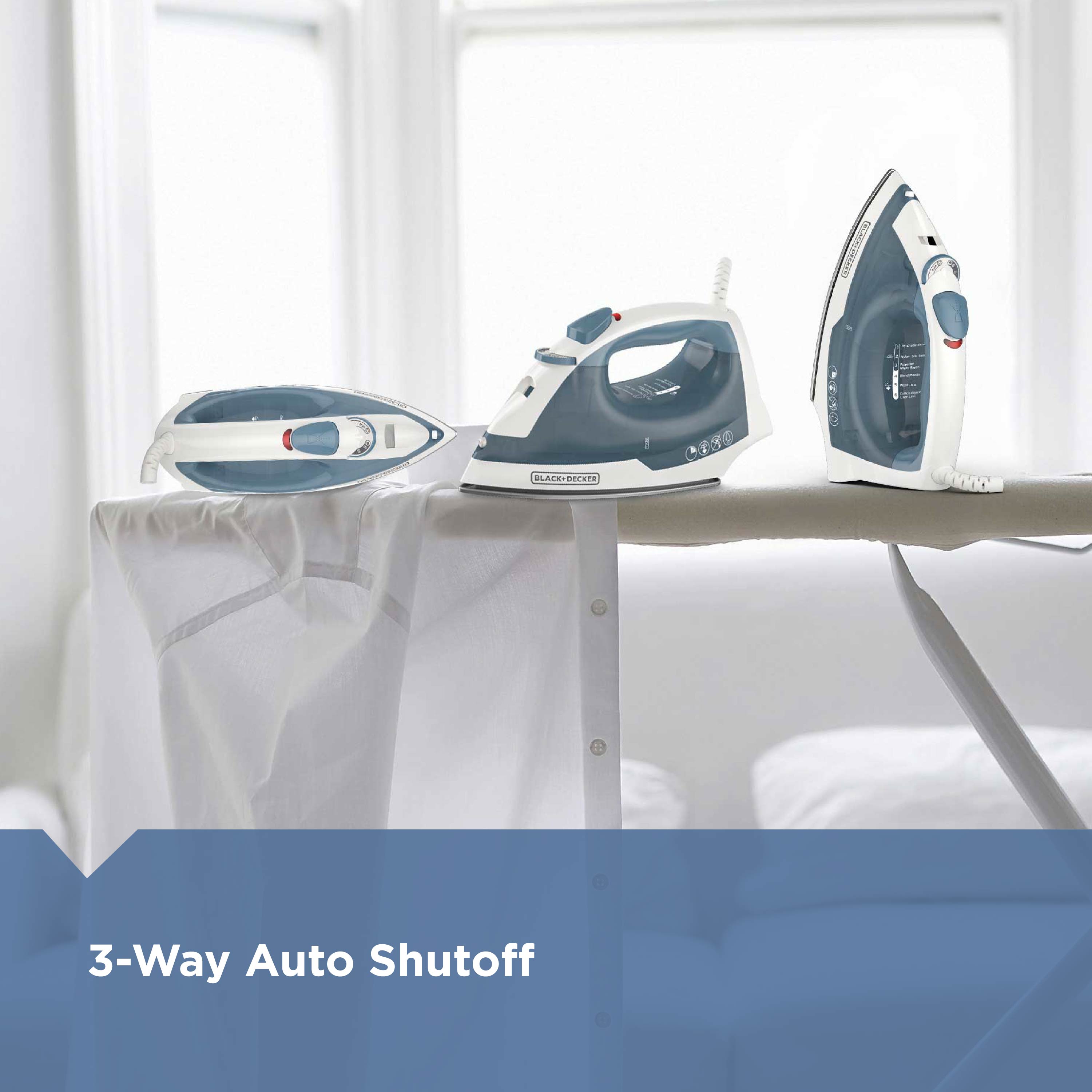Black+Decker iron on a white background with '3-Way Auto Shutoff' text.