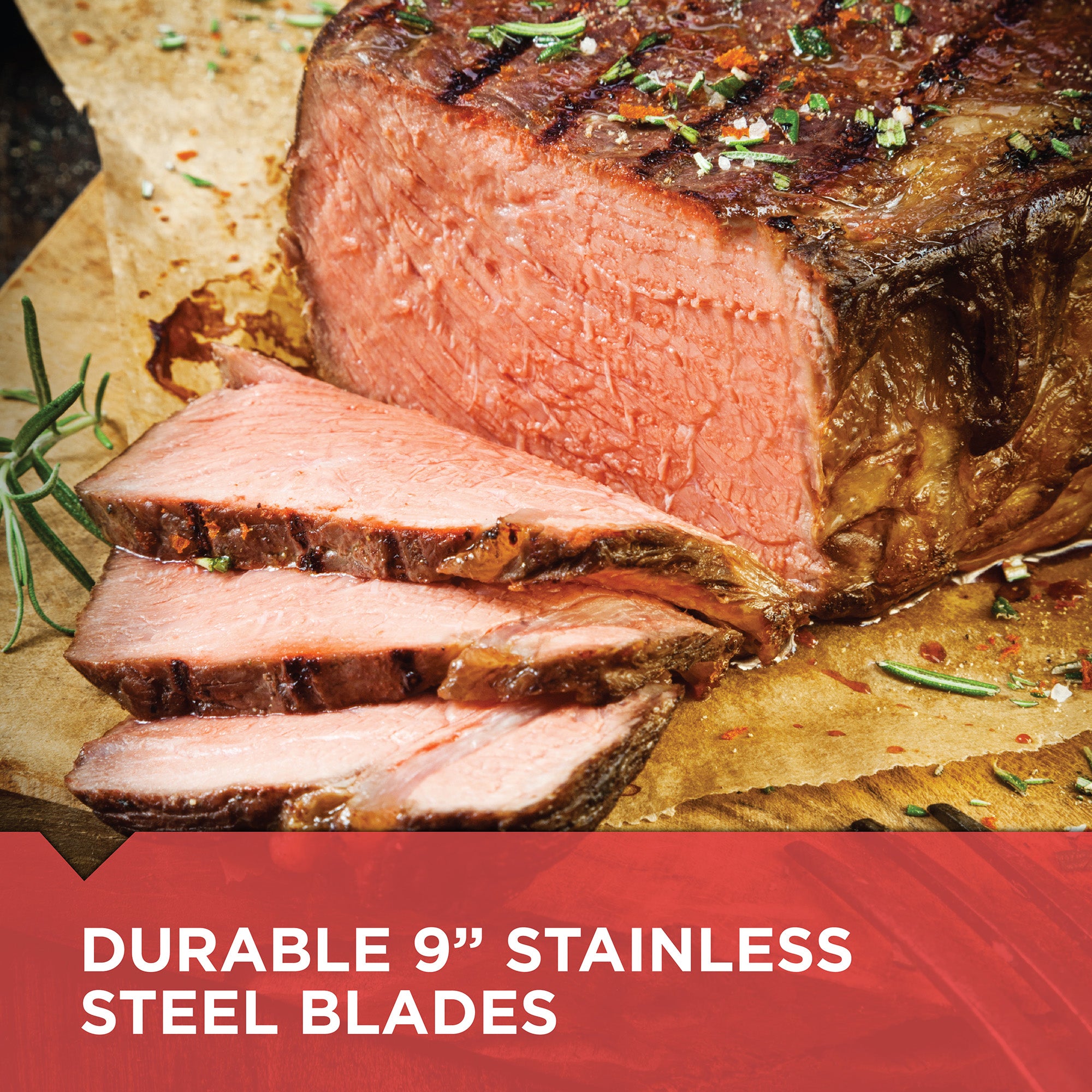 Sliced beef on a cutting board with text about durable 9-inch stainless steel blades.
