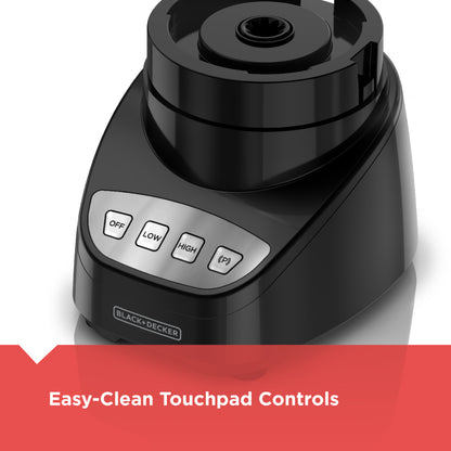 Black blender with touchpad controls on a white background