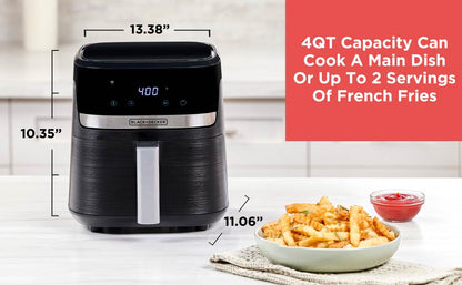 Black air fryer with dimensions and serving capacity text on a white background