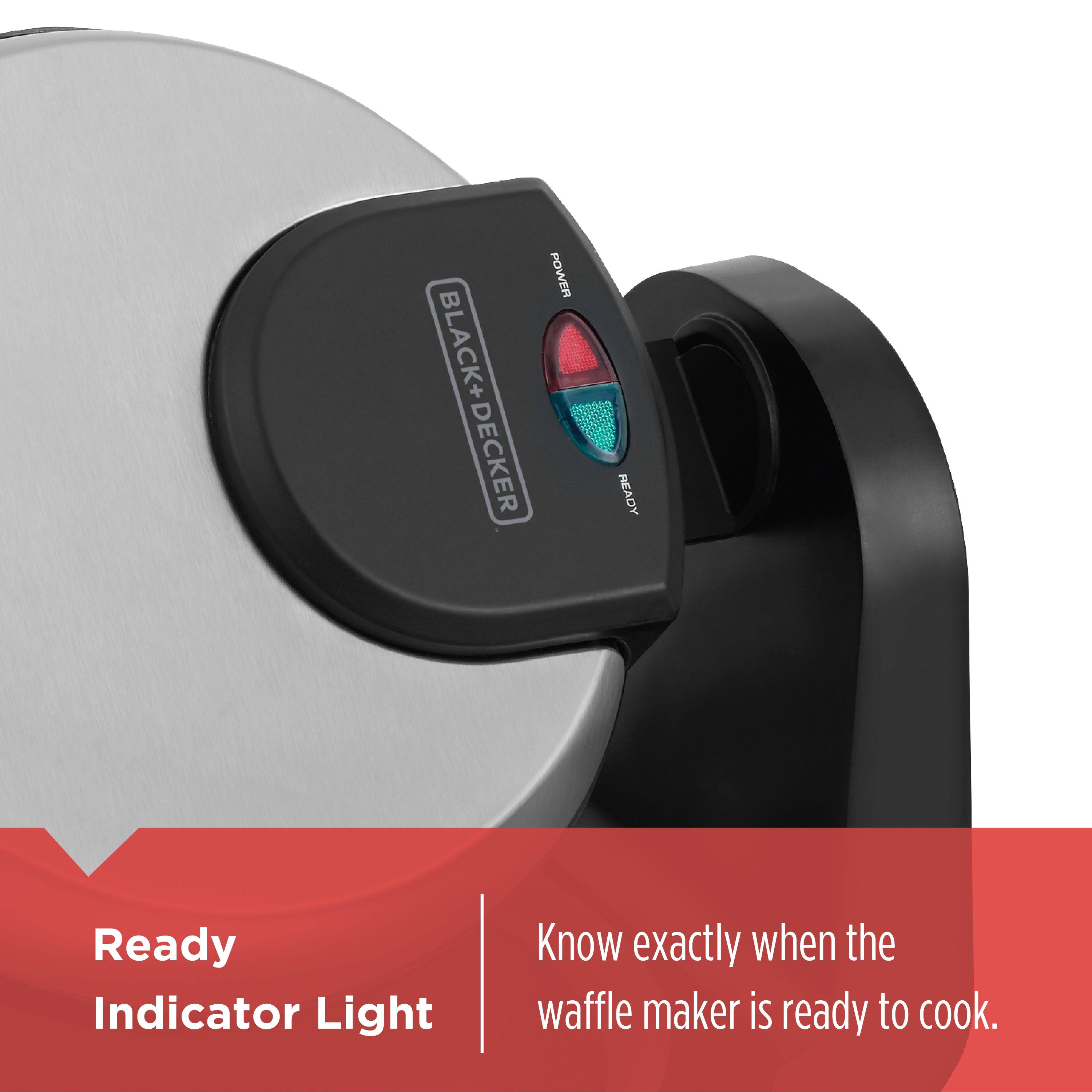 Black and Decker waffle maker with indicator lights on a white background