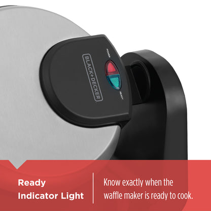 Black and Decker waffle maker with indicator lights on a white background