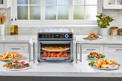 Multifunctional kitchen appliance on a kitchen counter with various food items around