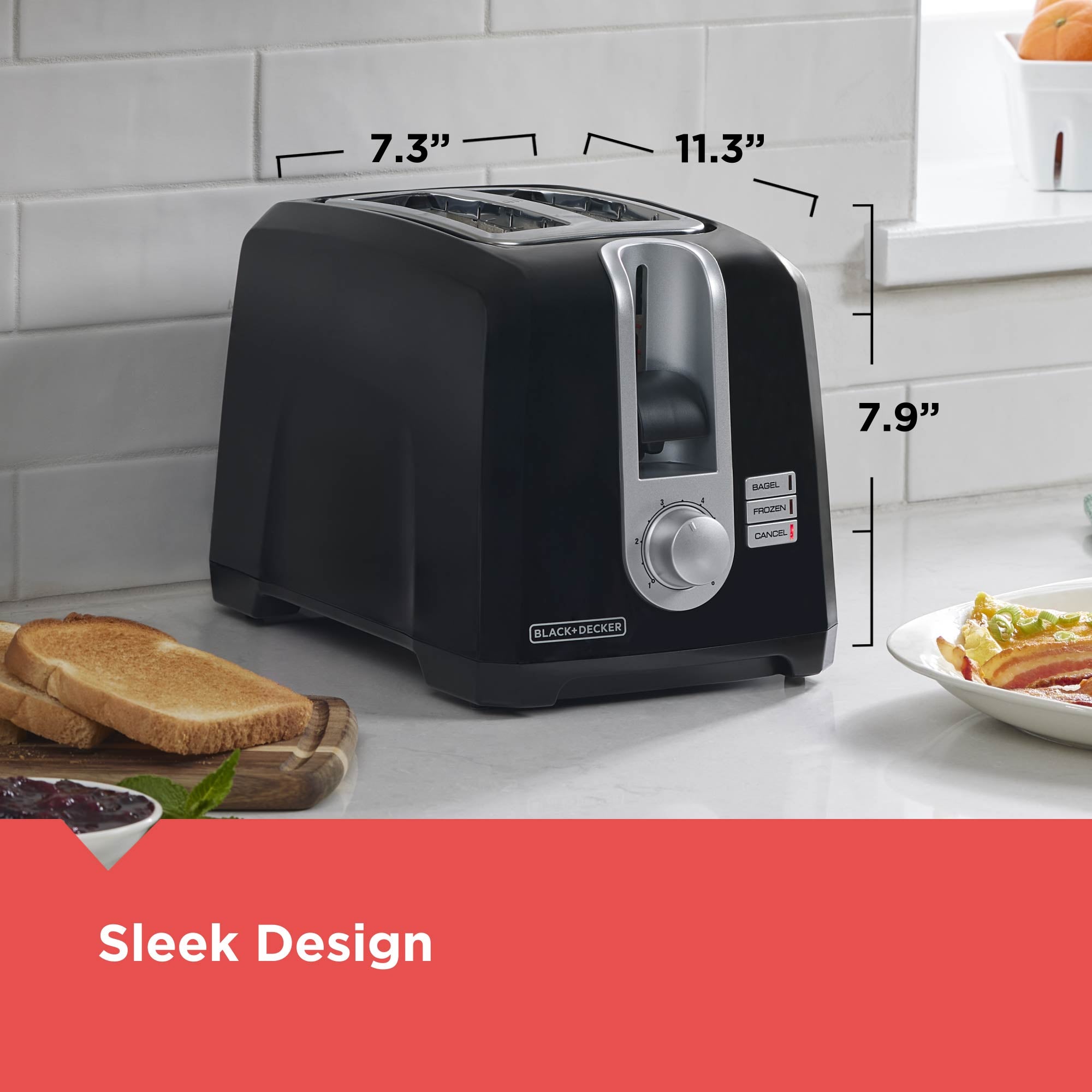 Black toaster with measurements on a kitchen counter, featuring 'Sleek Design' text.