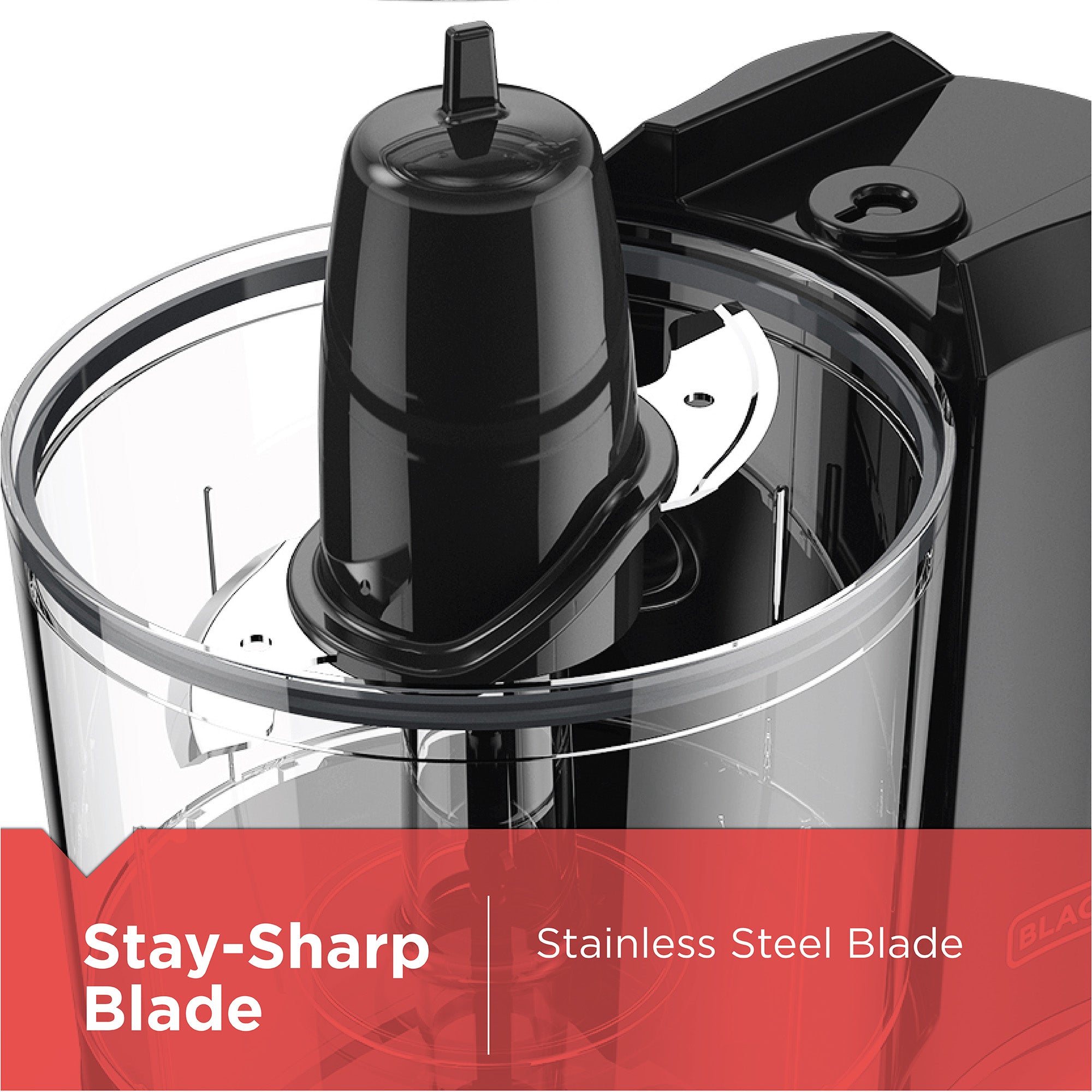 Black food processor with clear container and 'Stay-Sharp Blade' text on a white background