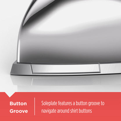 Close-up of a metallic soleplate with a button groove feature on a white background.