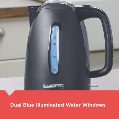 Black electric kettle with dual blue illuminated water windows on a neutral background