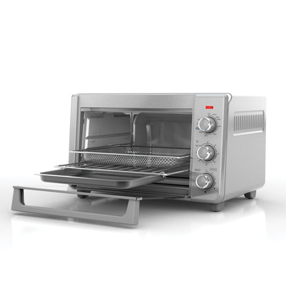 Silver toaster oven with open door on a white background