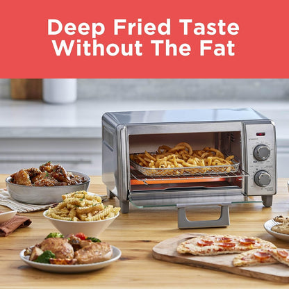 Toaster oven with food items on a wooden table, featuring text 'Deep Fried Taste Without The Fat'.