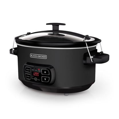 Black slow cooker with digital display on a white background
