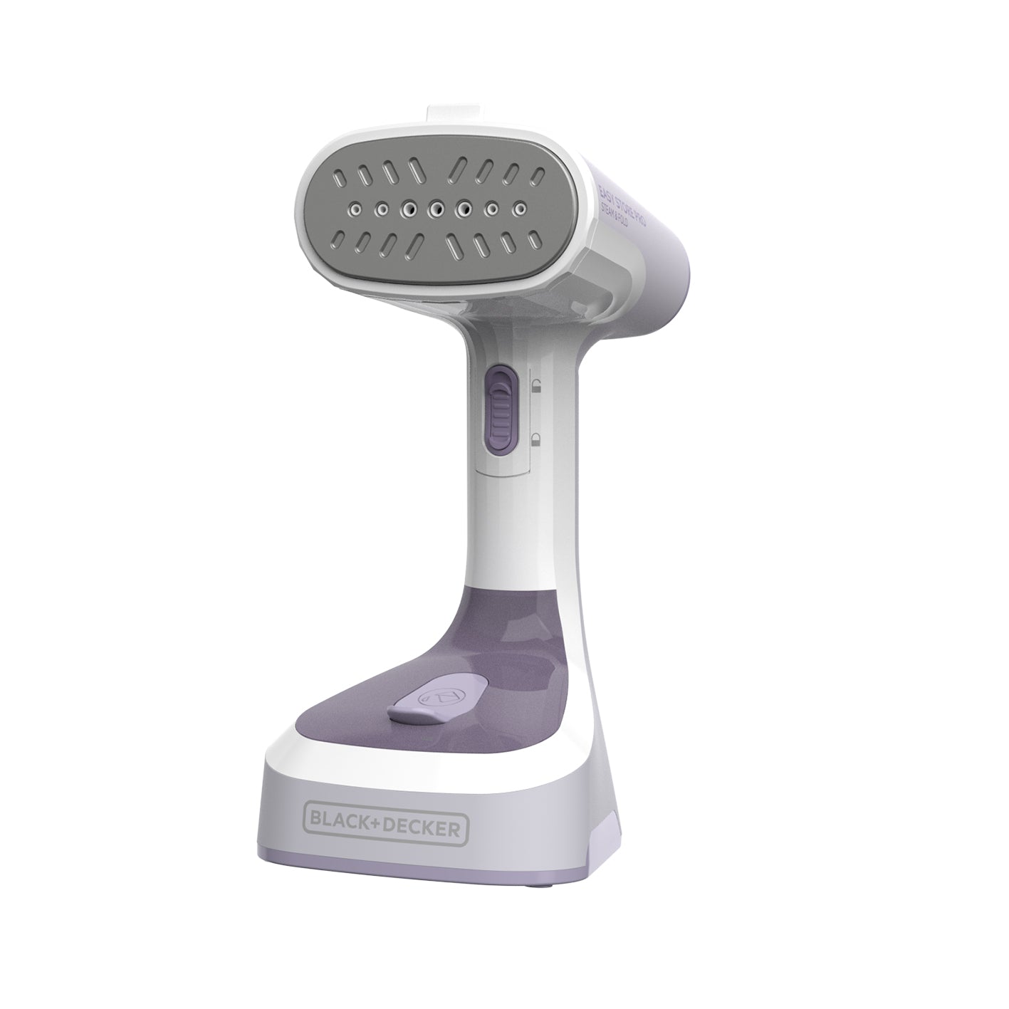 White handheld steamer with gray top on a white background, featuring the Black+Decker brand.