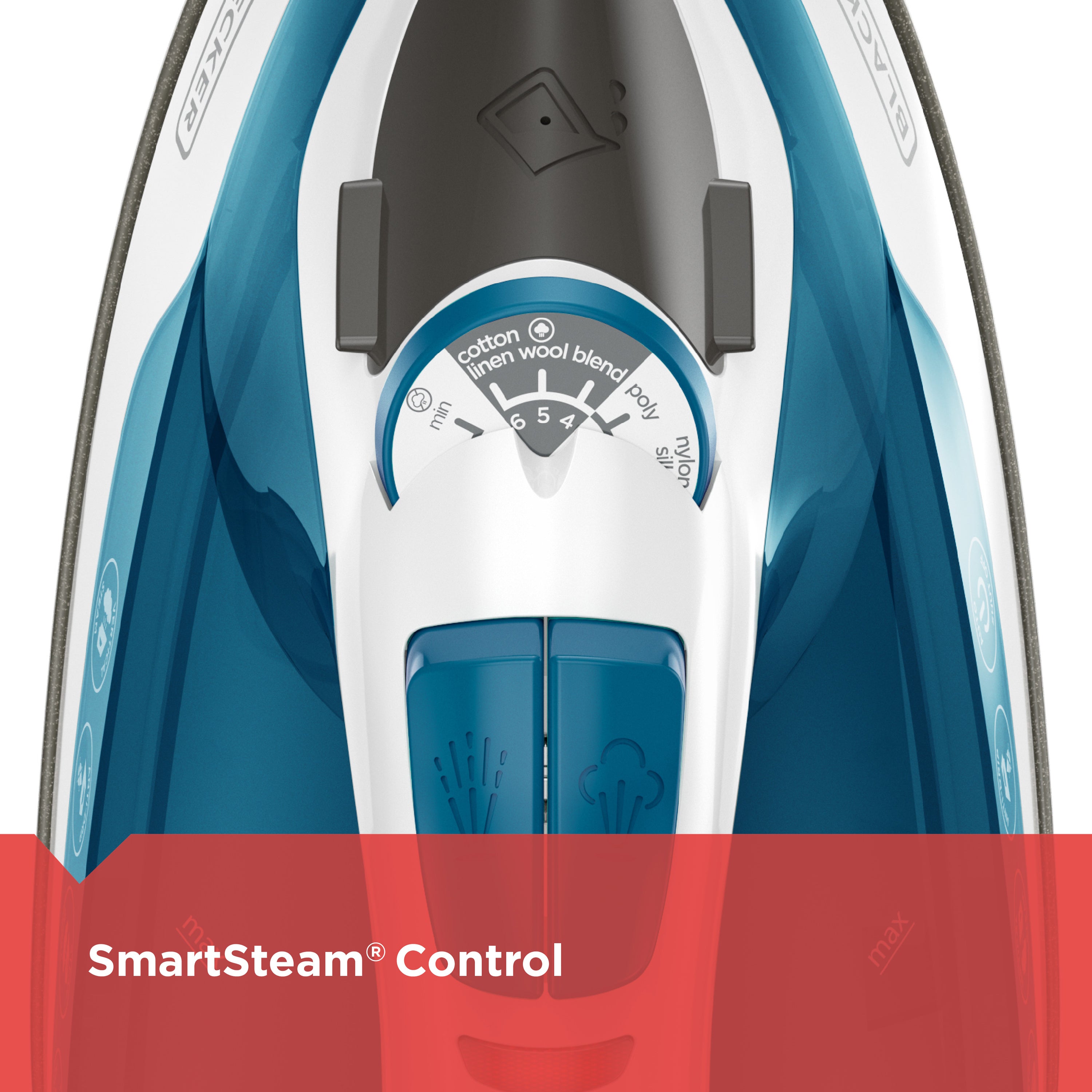 Close-up of a steam iron with 'SmartSteam Control' label on a white background