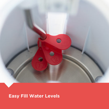 Red water level indicator on a metal container with 'Easy Fill Water Levels' text.