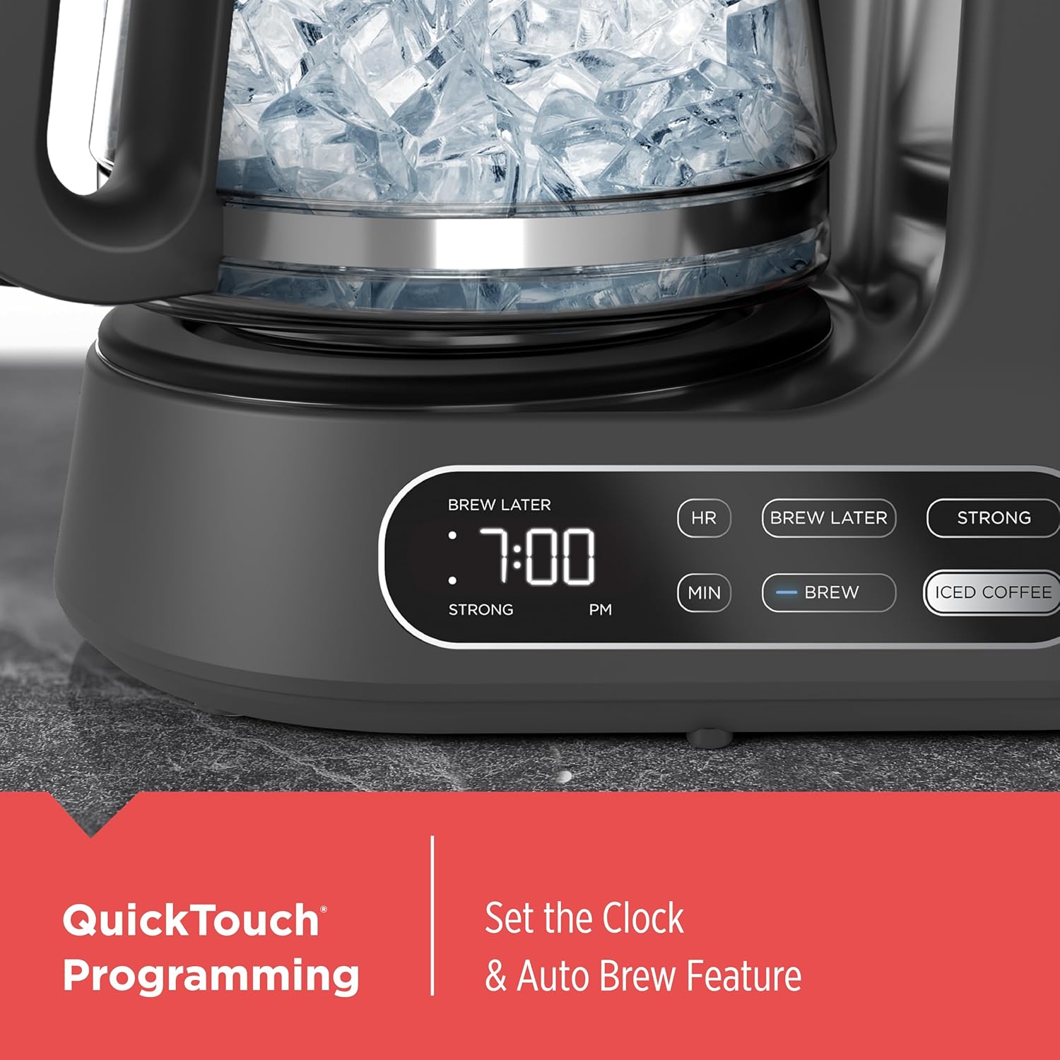 Coffee maker with digital display and ice cubes, featuring QuickTouch Programming text.