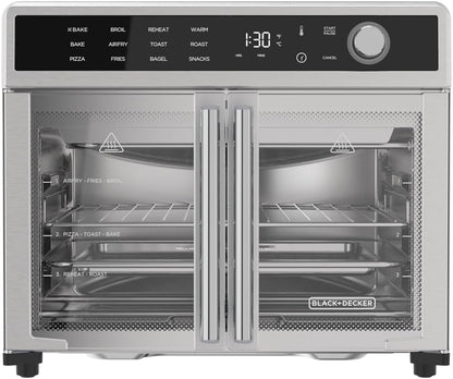 Black and Decker toaster oven with digital display and multiple racks.