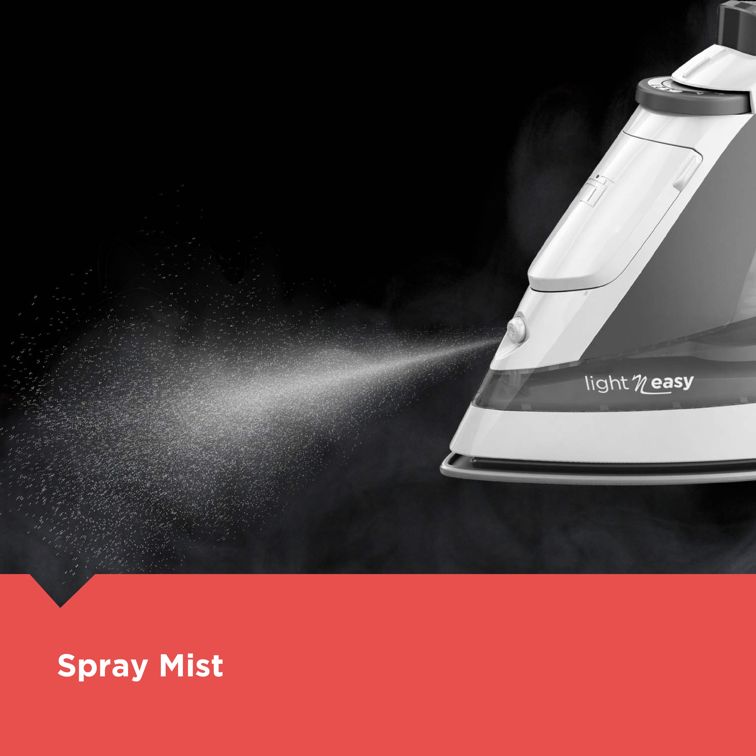 Steam iron with spray mist feature on a black background, featuring the brand 'light & easy'.