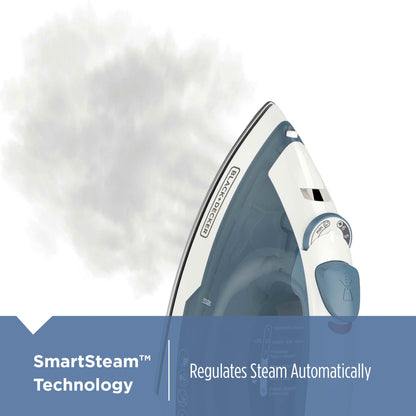 White and blue iron with steam being released, featuring SmartSteam Technology text.