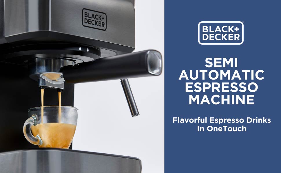 Black+Decker semi-automatic espresso machine with a cup of espresso being poured.