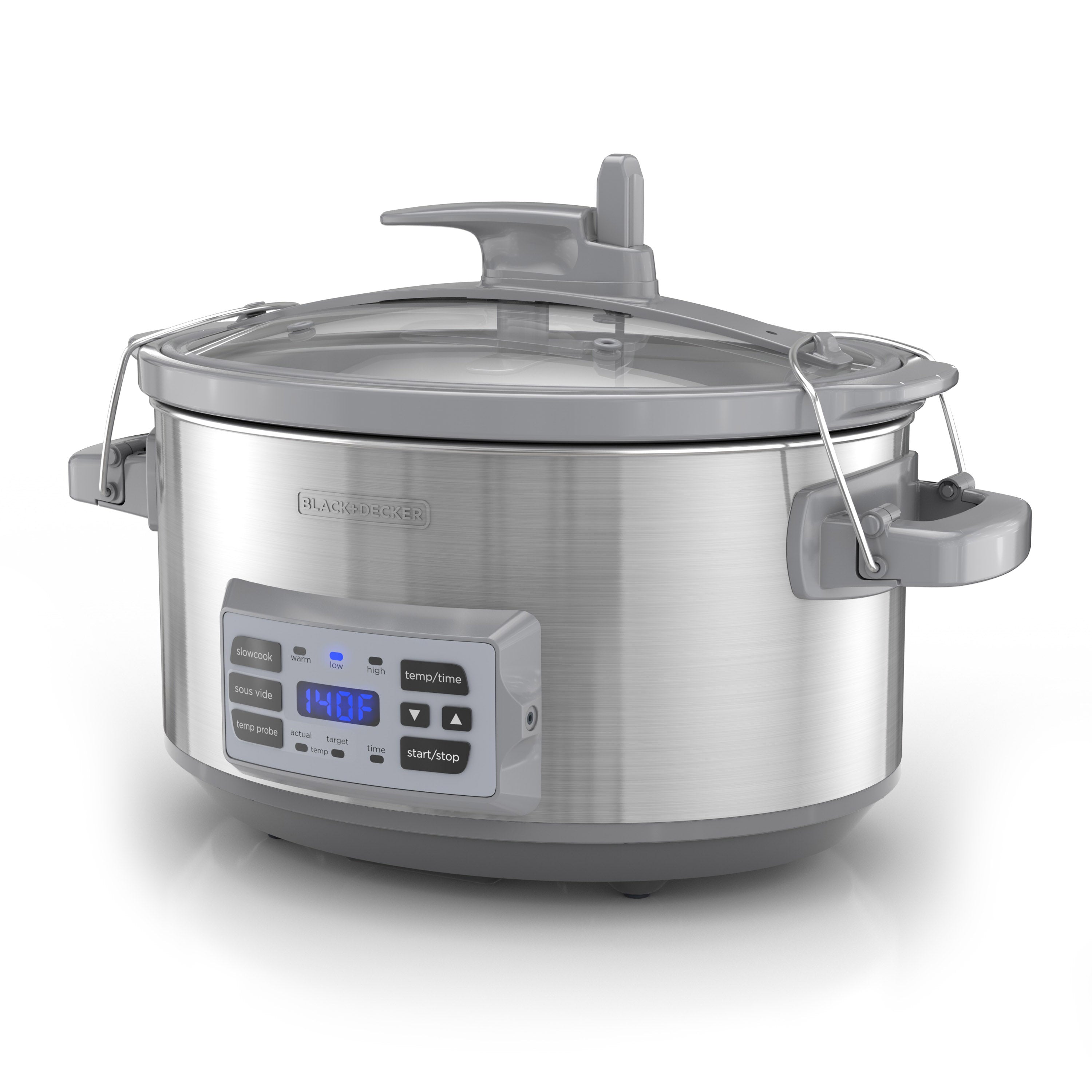 Stainless steel slow cooker with digital display on a white background