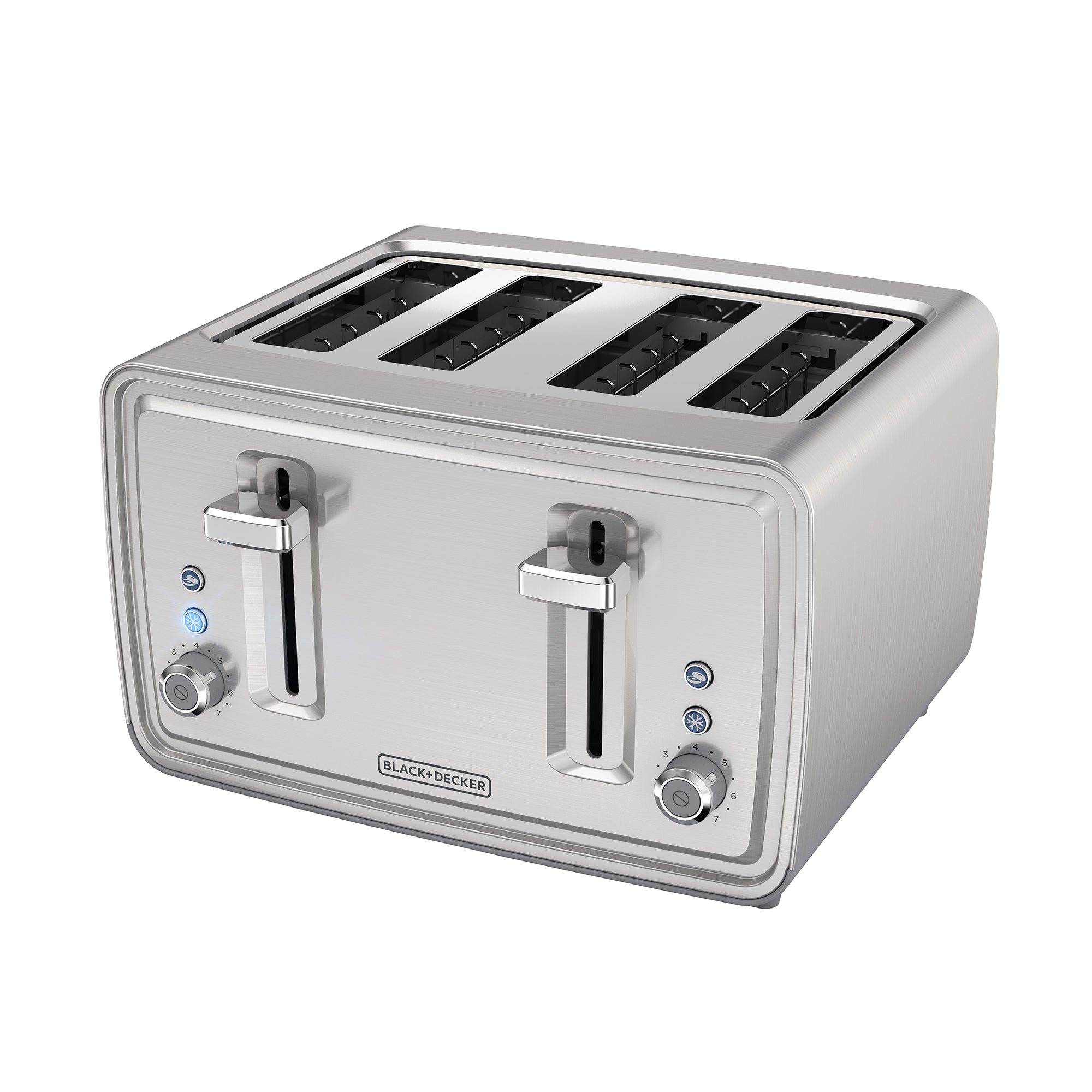 Silver toaster with four slices of bread on a white background