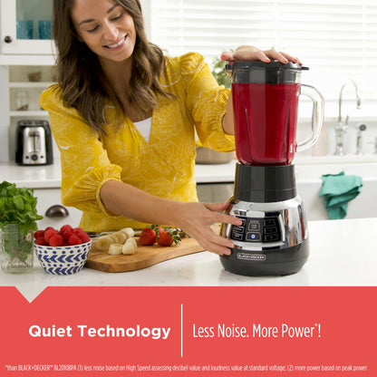 Woman using a blender in a kitchen with text about quiet technology