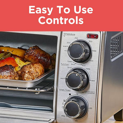Toaster oven with food inside and control knobs on a red background with text 'Easy To Use Controls'.